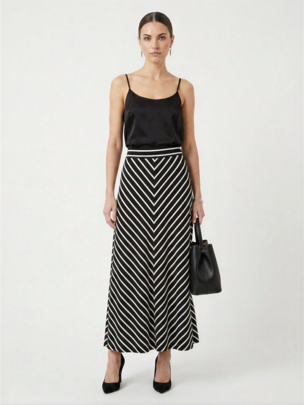 Liz Claiborne Maxi Skirt‎ Chevron Print High Waist Casual Black White XL